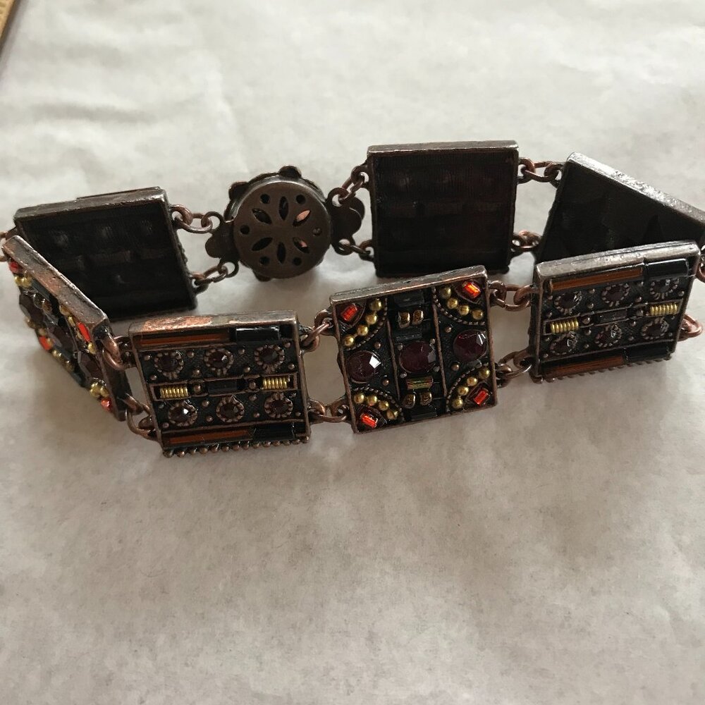 Vintage Copper Tile Link Bracelet w/Faceted Stones - 7" Long